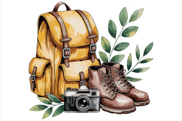 Cartoon vector of hiking boots and backpack near palm trees on a summer holiday