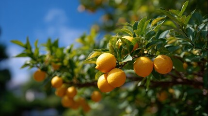 Close-up of a mature lemon tree in a sunny summer garden, with ripe yellow lemons clustered on the branches, sun-dappled green leaves, and a vivid blue sky in the background.