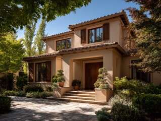 Front view of a California-style luxury villa under bright sunlight, captured in real estate photography style. The architecture features elegant lines, large windows, and a welcoming entrance.