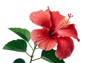 Vibrant red hibiscus flower with water droplets isolated on transparent background