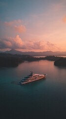 Naklejka premium Luxury yacht sailing in tranquil waters at sunset offering ultimate relaxation