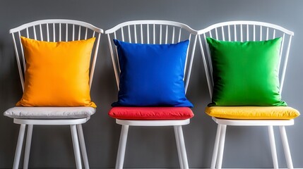 A stylish white dining bench is adorned with vibrant yellow, blue, and green cushions adding a pop of color and comfort to the modern interior design.