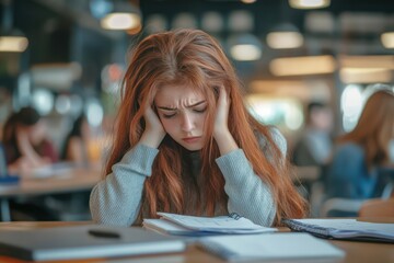 Overwhelmed teen girl feeling school pressure and anxiety