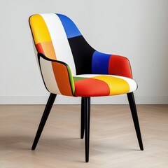 A stylish and modern dining chair boasts vibrant multicolored patchwork upholstery in a contemporary geometric design; the chair is empty, ready for a diner to enjoy.