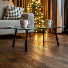 A stylish glass coffee table with sleek black legs sits elegantly in a modern living room setting next to a cozy sofa and decorated Christmas tree featu two artisan coffee