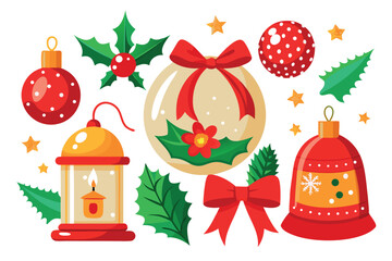 Colorful christmas ornaments and decorations for festive season isolated on white background