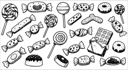 Detailed hand-drawn black and white assortment of various candies, lollipops, chocolate, donuts, and sweets. Seamless pattern of sketch-style desserts and treats.