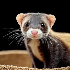 An adorable curious ferret with dark brown and cream fur peeks from its stylish indoor hutch a captivating portrait against a black background showcasing its playful nature and