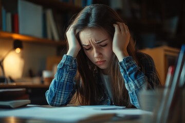 Overwhelmed teen girl feeling school pressure and anxiety
