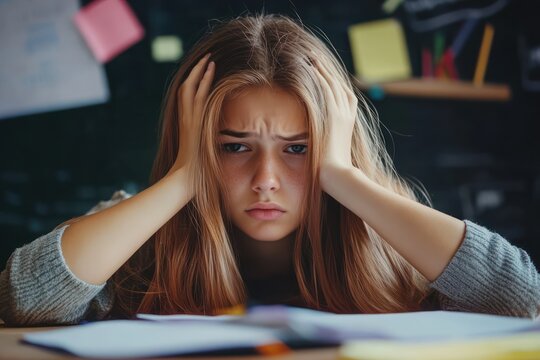 Overwhelmed teen girl feeling school pressure and anxiety - Powered by Adobe