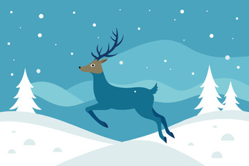 a blue deer jumps through a snowy winter landscape with pine trees and falling snow vector illustration
