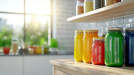 A brightly lit modern kitchen pantry showcases colorful glass jars filled with assorted dry goods and spices neatly organized on wooden shelves near a large window.