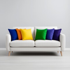 A stylish white Lawson sofa is elegantly adorned with a vibrant array of colorful throw pillows in a modern living room setting showcasing a sophisticated and inviting atmosphere.