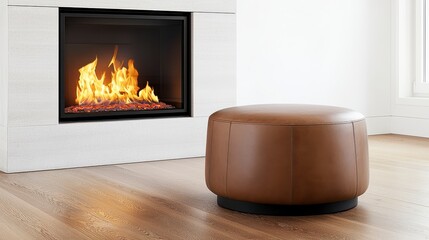 A stylish brown leather ottoman sits elegantly beside a modern fireplace with a warm inviting fire glowing brightly in a contemporary living room setting.