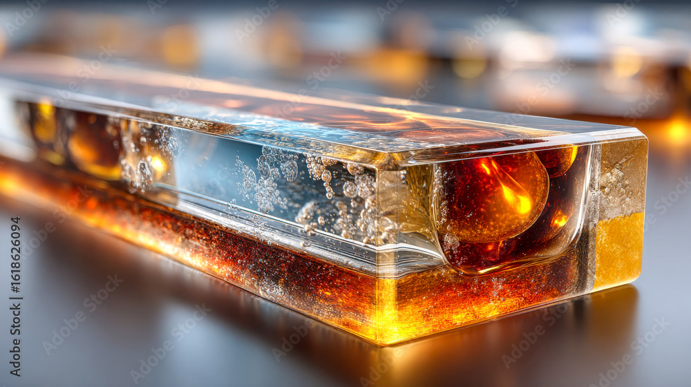 Poster macro shot of a transparent acrylic resin block with suspended colored bubbles and layered textures 