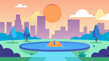 Fototapeta premium Refreshing Modern City Park Featuring a Lively Splash Pad at Sunrise