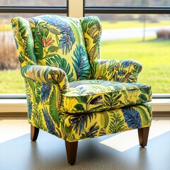 A vibrant Parsons chair showcases a striking tropical leaf print upholstery design in a bright yellow and green color palette perfectly complementing modern interior design styles.