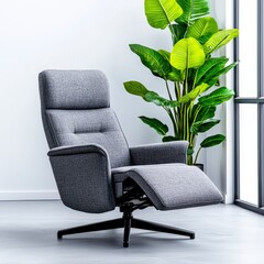 A stylish gray fabric recliner chair offers ultimate comfort and relaxation in a modern home interior setting next to a large potted plant near a window providing natural light.
