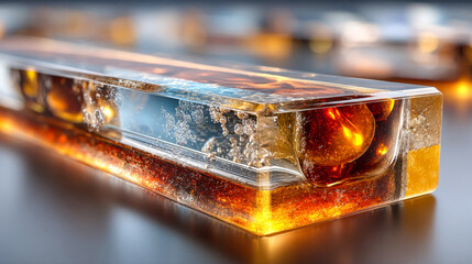 Macro shot of a transparent acrylic resin block with suspended colored bubbles and layered textures in a glossy laboratory setting