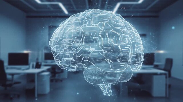 Artificial intelligence conceptualization, digital brain hologram in the empty modern office.