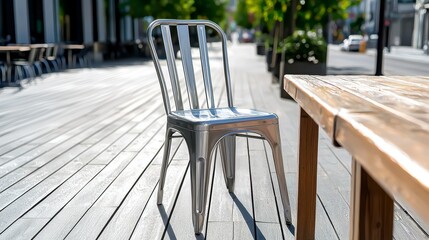 A stylish silver metal Tolix chair sits elegantly beside a rustic wooden outdoor table on a sun-drenched patio creating a charming cafe setting perfect for a relaxing afternoon.