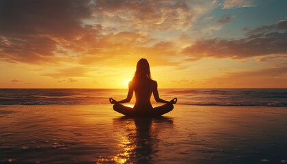 Mantra Yoga Meditation: Spiritual Mental Health Practice With Woman In Lotus Pose Finding Peace And Relaxation On Beach.