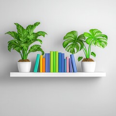 A stylish white wall shelf displays a vibrant collection of colorful books flanked by lush potted plants adding a touch of natural beauty and modern elegance to any room's decor.