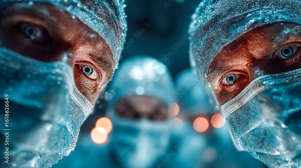 Poster surgeons operate in a futuristic environment, using digital interfaces resembling glowing circuit bo