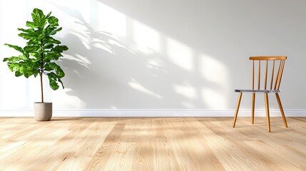 A modern minimalist interior design features a translucent acrylic dining chair near a fiddle leaf fig plant bathed in sunlight on light wood floo against a bright white wall.