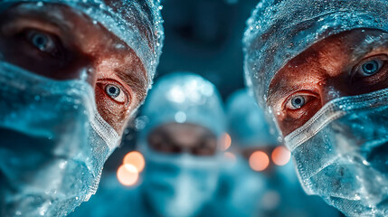 Surgeons operate in a futuristic environment, using digital interfaces resembling glowing circuit boards during a high-tech medical procedure