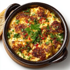 Baked Eggs with Cheese and Herbs in Ceramic Dish