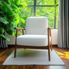 A serene and cozy reading nook features a vintage club chair upholstered in light grey fabric resting on a textured rug near a large window and lush greenery offe a peaceful