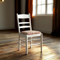 A charming vintage white ladder-back chair features a cozy patterned cushion in warm red and cream tones adding a touch of rustic elegance to any room's decor.