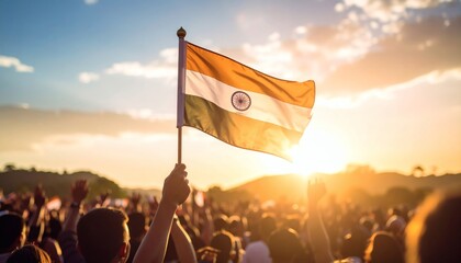 Indian Flag Waved by Crowd at Sunset, Symbol of Unity and Celebration