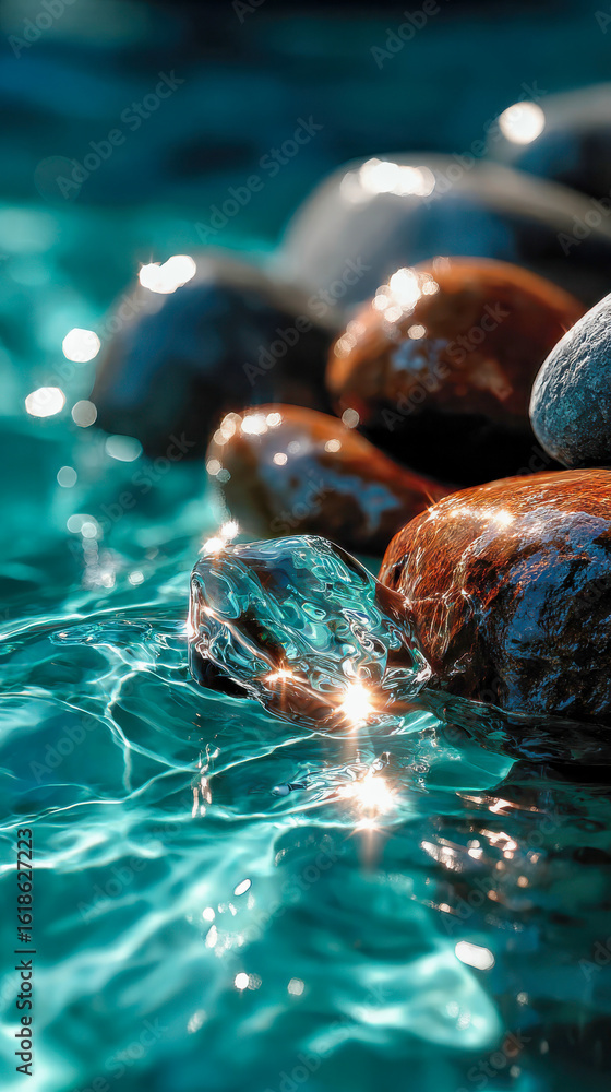 Poster large translucent green crystal embedded in wet rocks as waves splash dramatically in bright turquoi