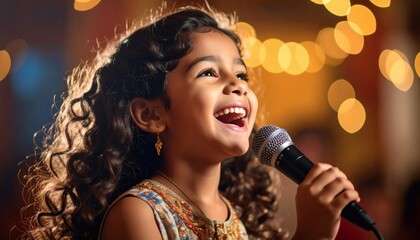 Joyful Young Girl Singing into Microphone with Bokeh Lights Background