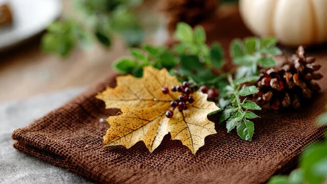 Beautiful autumn decorations with golden leaves and pinecones on a rustic table setup for a cozy gathering