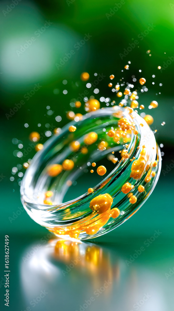 Poster abstract swirl of translucent liquid and golden droplets in a vibrant green vortex with bokeh light 
