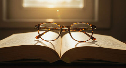 Tortoiseshell Glasses Resting on Open Book Warm Sunlight Reading Concept.
