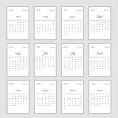 2026 year calendar Print ready one page 12 months design template