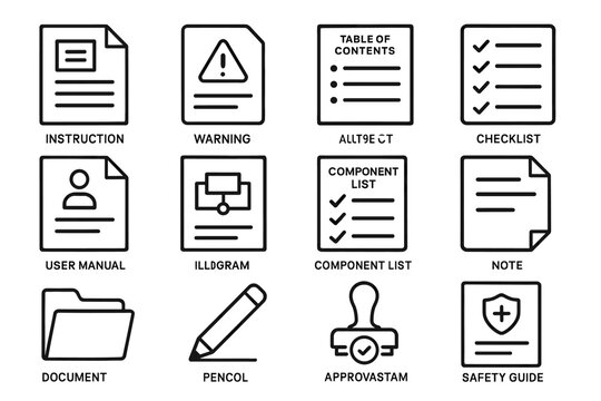 Instructional and warning icons set: documents, safety guide, user manual, checklist, pencil