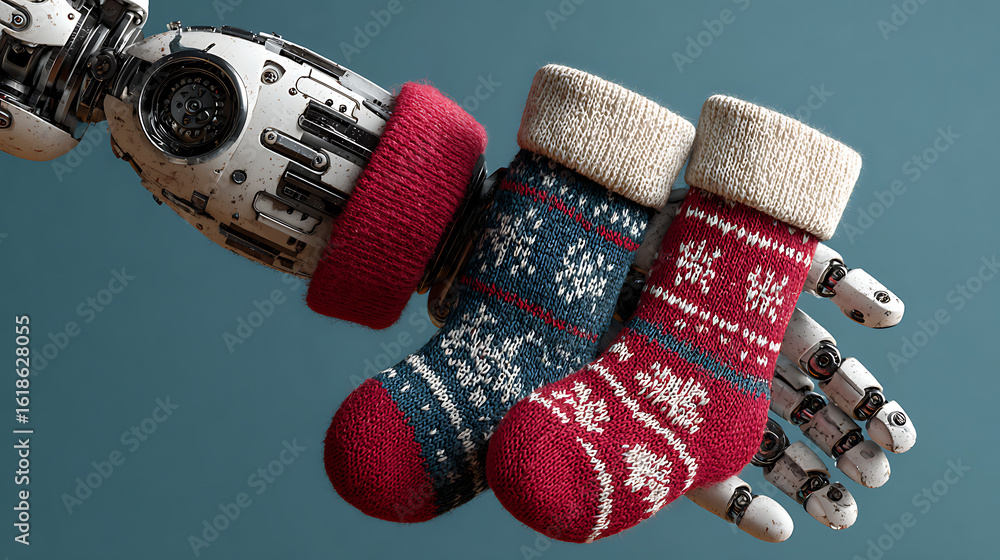 Poster a humanoid robot santa claus ai agent with a robotic hand on christmas with stockings symbolizing ag