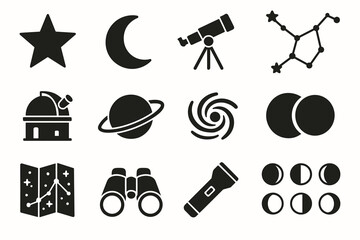 Astronomy icons: telescope, constellation, planet, moon phases, observatory