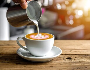 Latte art poured into a coffee cup