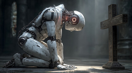A humanoid robot AI agent praying in church next to a cross symbolizing agentic ASI autonomy and the future of religion and spirituality as humanity moves towards the singularity