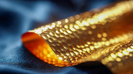 Golden hammered foil sheet on dark blue fabric, glowing with rich metallic reflections in a luxurious macro close-up