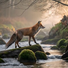Fototapeta premium Beautiful red fox standing on a few stones over the water surface. Very focused on its prey. Pure natural wildlife photo. Ready to hunt.