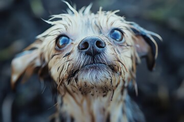 Muddy wet dog stares up wanting to come inside