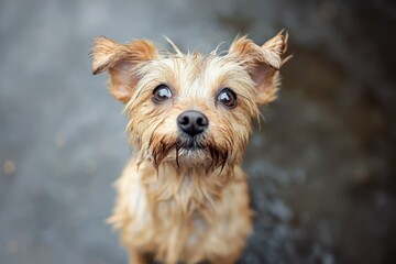 Muddy wet dog stares up wanting to come inside