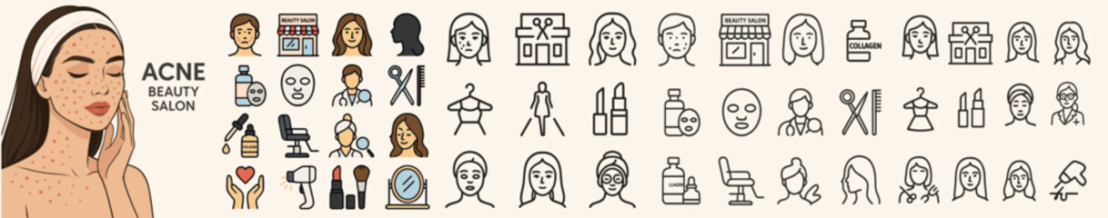 Horizontal vector banner featuring acne skincare woman and comprehensive beauty salon icon set for treatments, cosmetics, wellness and hairstyling.
